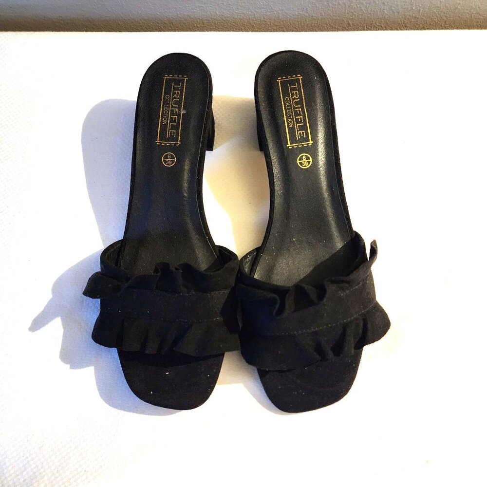 Elegant Blk‎ Sueded Velvet Ruffle Office Siren Cocktail Heel Slide Sz. 39/US 9